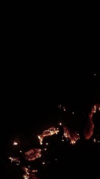 Hot embers and fire particles from burning steel wool floating in the dark, creating a shower of bright, glowing fiery trails and embers against a completely black background