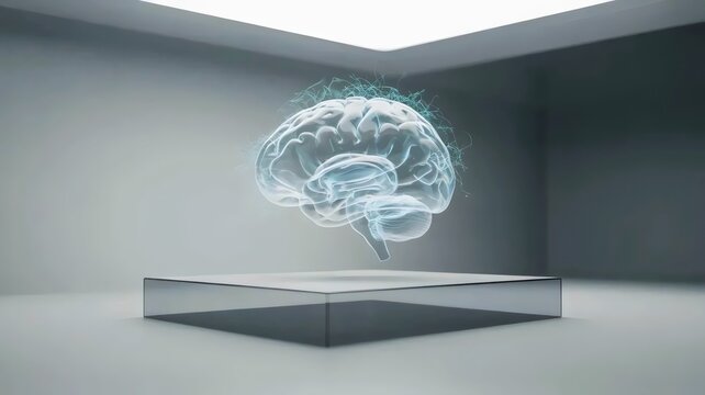 Translucent AI brain in laboratory &ndash; Great for scientific innovation, biotechnology, or cognitive computing themes.