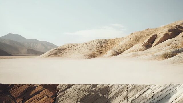 Layered rock formations showcasing geological strata and natural erosion, creating a textured desert landscape under a clear sky, highlighting the rich geology of the arid environment
