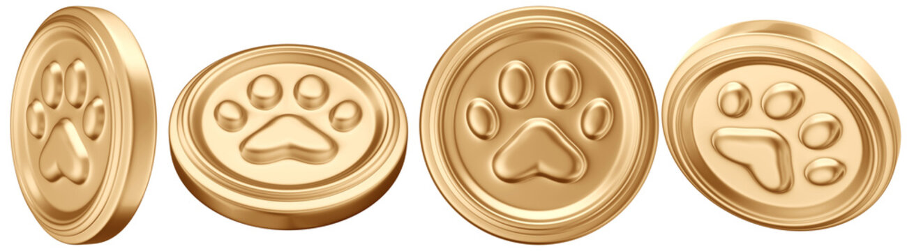 Four 3D rendered gold coins featuring an embossed paw print, presented at various angles.