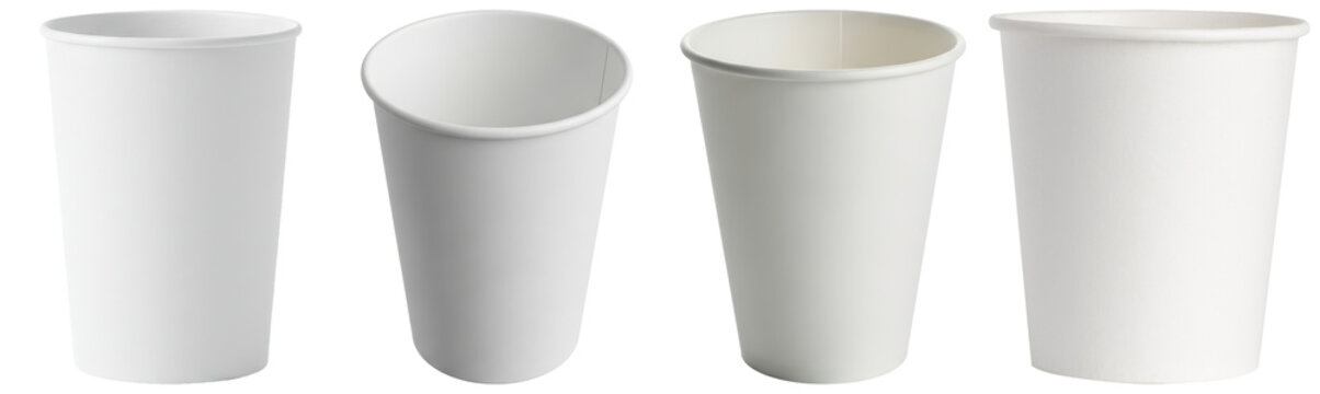 Collection of white disposable paper cups in various orientations, clean and ready for use.
