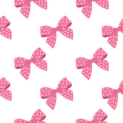 Fototapeta premium Seamless pattern with bright pink polka dot bows for cute packaging or fabric