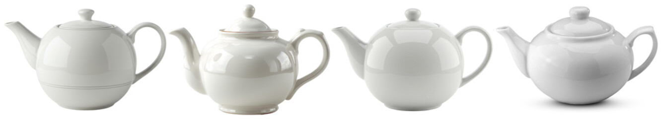 Obraz premium Collection of elegant white ceramic teapots with varying designs, for tea, kitchen, and hospitality use.
