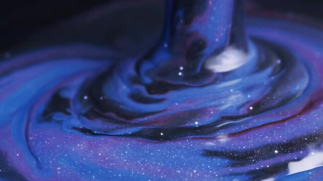 Slow motion close up of iridescent blue purple paint pouring and swirling on dark tabletop studio surface