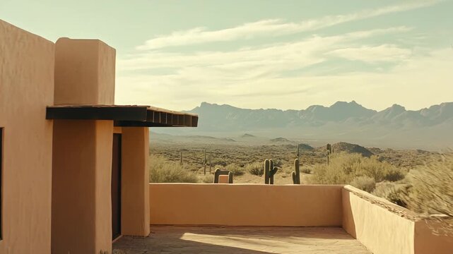 Adobe home with desert landscaping, patio and saguaro cacti overlooking distant rugged mountains beneath a warm, tranquil sky serene southwest retreat for outdoor living and relaxation