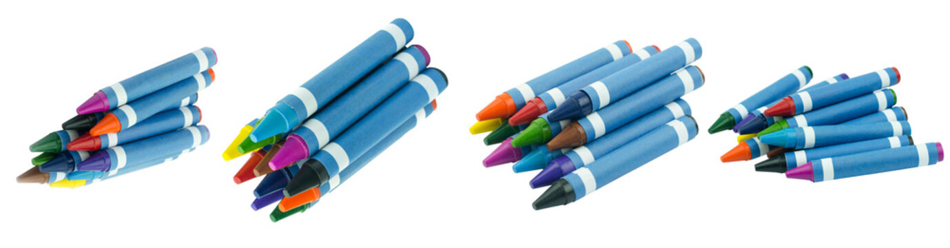Assorted vibrant wax crayons, or pencils, stacked in multiple piles, ideal for art, school, and creativity.