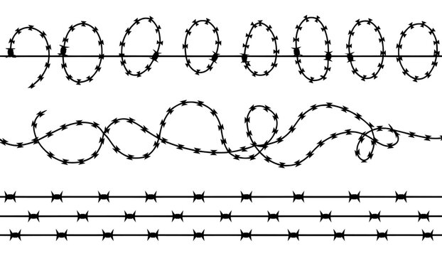 Barbed wire vector set, black metal fence wire borders, sharp steel razor wire coils for security and defense