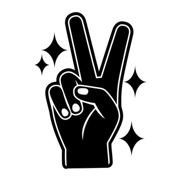 Minimalist peace sign hand vector, black and white victory gesture icon, sparkling hand silhouette sticker