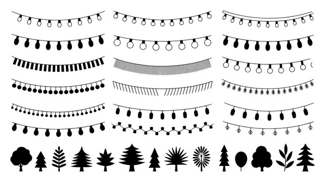 Minimalist black garland vector set, festive light bulb string icons, decorative tree silhouettes collection