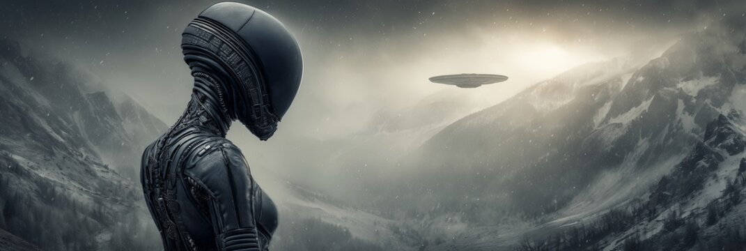 Futuristic figure gazes at a UFO hovering over snowy mountains, evoking mystery, extra terrestrial intrigue.