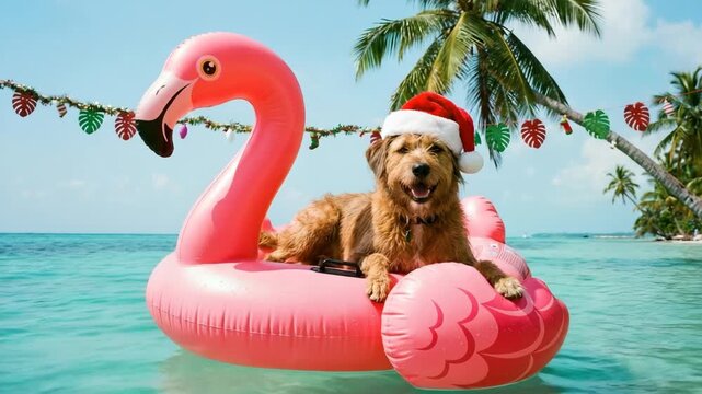 Happy dog wearing a Santa hat floats on a flamingo pool toy in tropical ocean