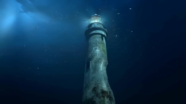 Slow motion tilt up of lighthouse submerged underwater with fish and light rays in deep sea