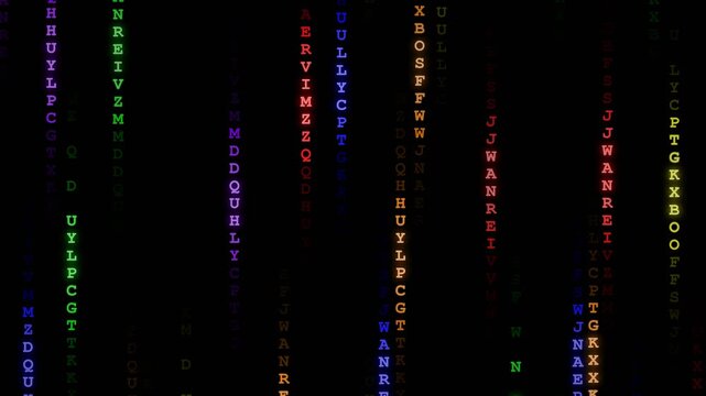 Abstract colorful alphabet characters falling on black background, digital rain effect, looping animation.
