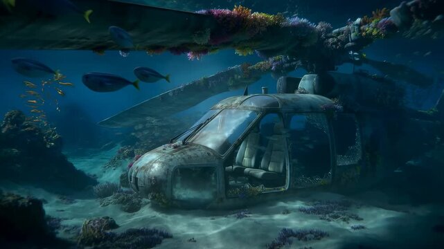 Tracking shot of submerged helicopter wreck resting on sandy seafloor with coral and schools of fish in blue underwater reef environment