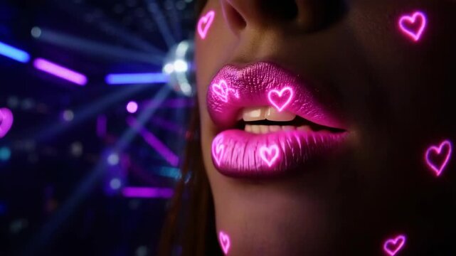 Close up of woman's lips with pink neon heart shapes and nightclub lights
