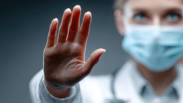 Medical Professional Halting: A healthcare worker, garbed in medical attire and face mask, extends a hand in a gesture of halt or caution, possibly related to medical emergency.
