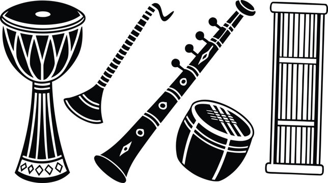 Traditional african musical instruments including a djembe shekere bansuri flute bongo and slit drum arranged together