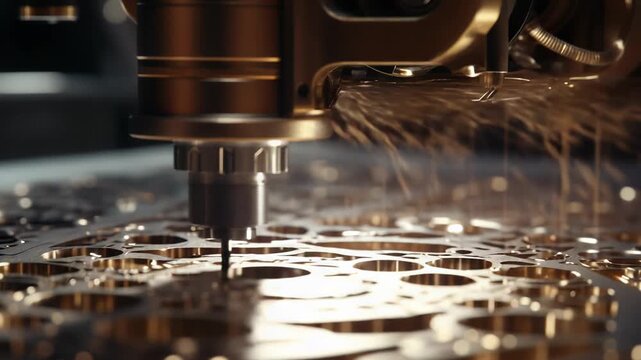 Cnc drilling machine accurately cutting and shaping a metal sheet, creating intricate patterns with precision engineering in a modern industrial manufacturing setting