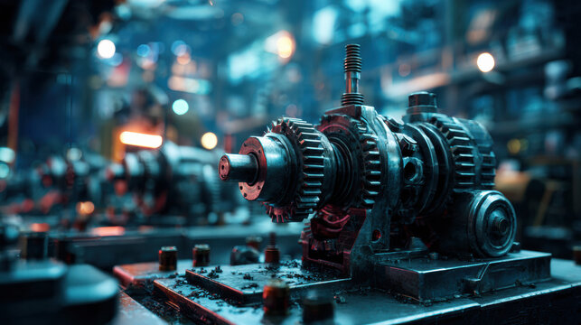 Mechanical precision engineering process industrial workshop machinery close-up dimly lit environment dynamic perspective