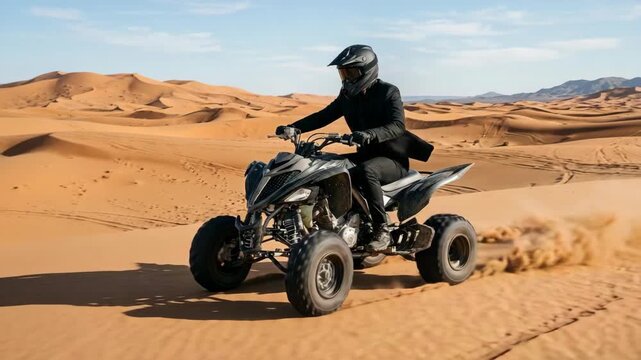 Person in formal wear riding a powerful ATV through vast sand dunes under a clear blue sky.