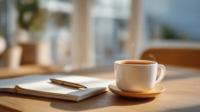 Minimalist morning journal on empty desk, single pen, steaming herbal tea, nothing else present, intentional start to day, reflective practice space, ideal for mindful mornings and simplicity