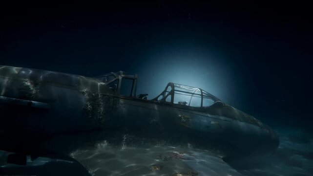 Tracking shot of sunken military plane resting on seafloor with backlit glow in deep ocean night
