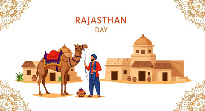Illustration of a man in traditional attire standing with a camel in front of a desert village on Rajasthan Day, with a decorative border and warm earthy tones.