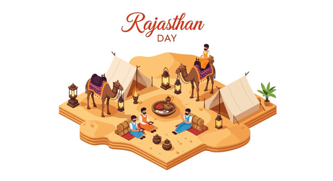 Isometric illustration of a Rajasthan Day celebration with traditional Indian tents, camels, and people gathered around a fire pit on a map of Rajasthan.