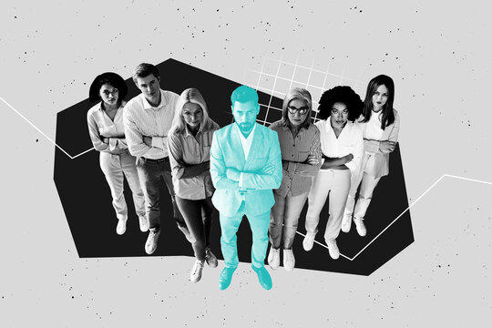 Sketch image artwork photo collage of office manager marketing collaboration corporate team man lady stand together leader individuality