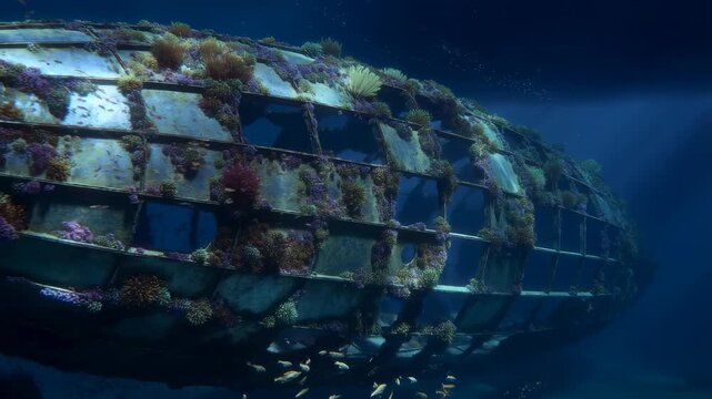 Tracking shot of sunken submarine fuselage encrusted with coral and fish swimming along deep ocean seabed