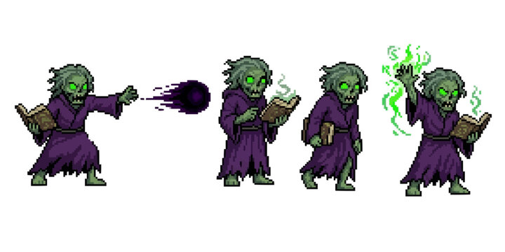 pixel art character spritesheet of a zombie necromancer mage in purple robes casting dark shadow magic orrs and reading
