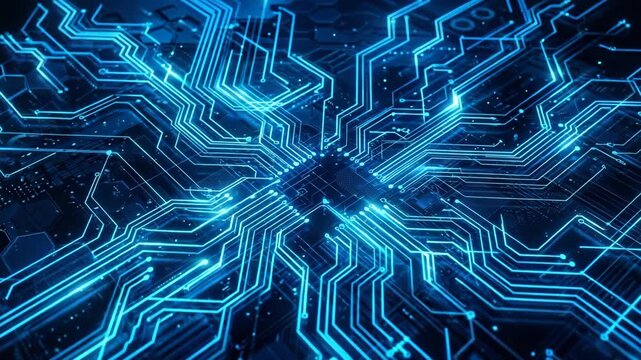 Abstract glowing blue circuit board with intricate pathways and connections