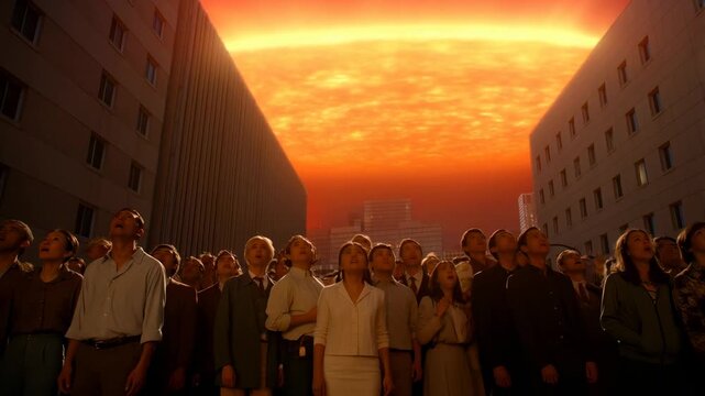 Tracking shot of crowd and onlookers gazing at massive glowing sunlike orb over city street between tall buildings at dusk