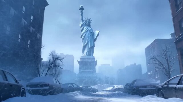 Tracking shot moving forward toward statue of liberty towering above snow covered abandoned cars on urban street between brick buildings in winter morning