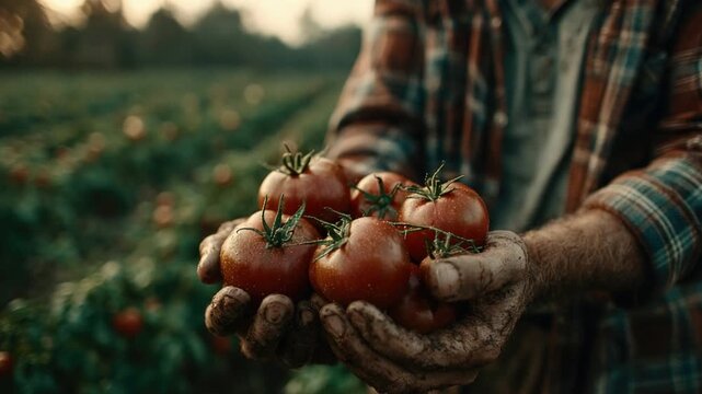 Harvest of Abundance: A farmer's weathered hands cradle a collection of ripe, red tomatoes, showcasing the rewards of a bountiful harvest. Set against the backdrop of a thriving field.