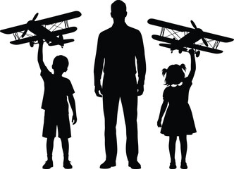 Family aviation play silhouette illustration set, children holding toy biplane artwork, imagination parent child vector design concept © Dilip
