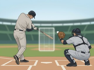 Vector illustration of a baseball player swinging and missing a pitch with a digital strike zone.
