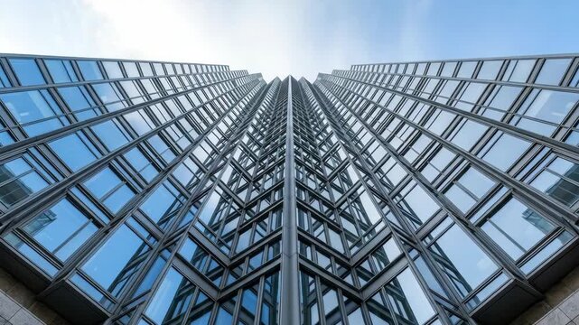 Looking up at a modern glass skyscraper with repeating geometric patterns and blue sky reflections