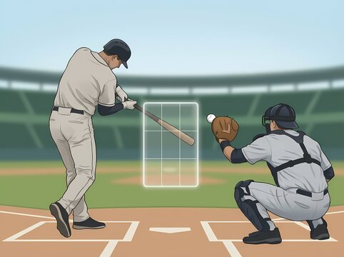 Vector illustration of a baseball player swinging and missing a pitch with a digital strike zone.
