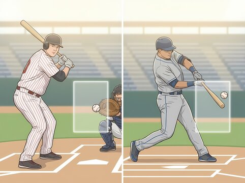 Split-screen illustration of a baseball batter taking a pitch and swinging at a ball with digital strike zone.