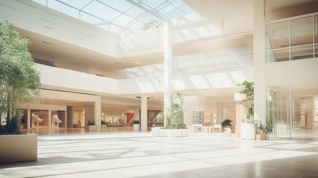 Minimalist shopping mall atrium featuring a expansive open space, multiple levels, and lush indoor plants illuminated by bright natural light from a large skylight