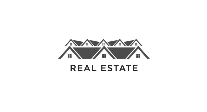 A black and white logo featuring a row of stylized house roofs above the text "REAL ESTATE" on a white background, representing property and housing.