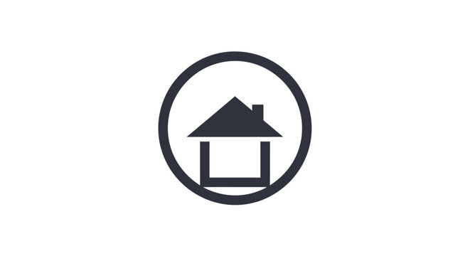 Minimalist dark grey house icon with a triangular roof and open base, enclosed within a circular outline on a white background.