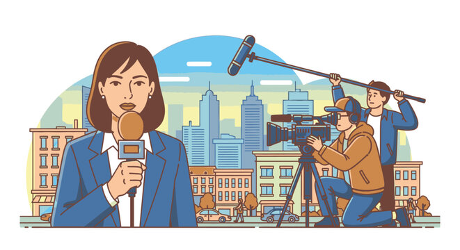 Illustration of a female news reporter speaking into a microphone with a cameraman and sound engineer in a cityscape background.