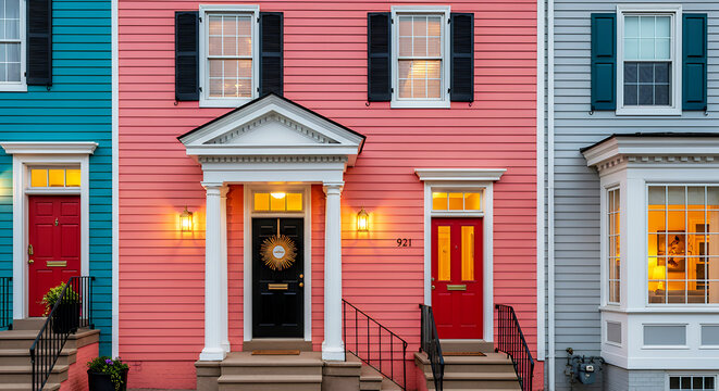 Row of colorful houses with pink red and blue facades and black shutters pink house