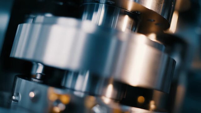 Industrial machinery performing a precision engineering process, creating intricate metal components for advanced technology, automation, and manufacturing applications in a factory environment