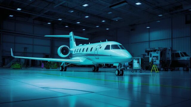 Private luxury jet sitting inside a large airport hangar, bathed in vibrant blue and purple neon lights, symbolizing exclusive travel, business, and high end aviation
