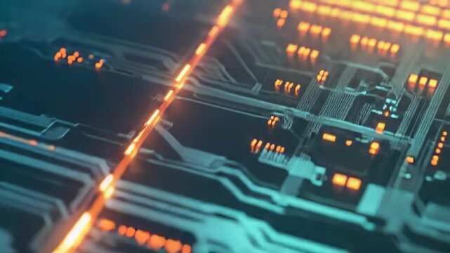 Electronic circuit features a glowing, intricate network of orange and teal lights and lines, illustrating data transmission and modern computing technology