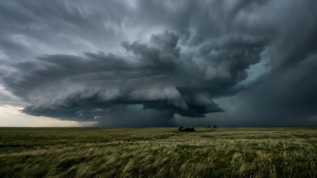 Imposing supercell thunderstorm looms over a vast, windswept grassy plain