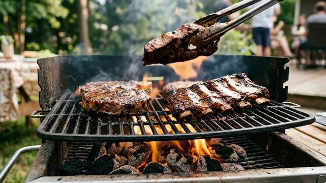 Juicy beef ribs and steak cooking on a hot charcoal grill with flames visible